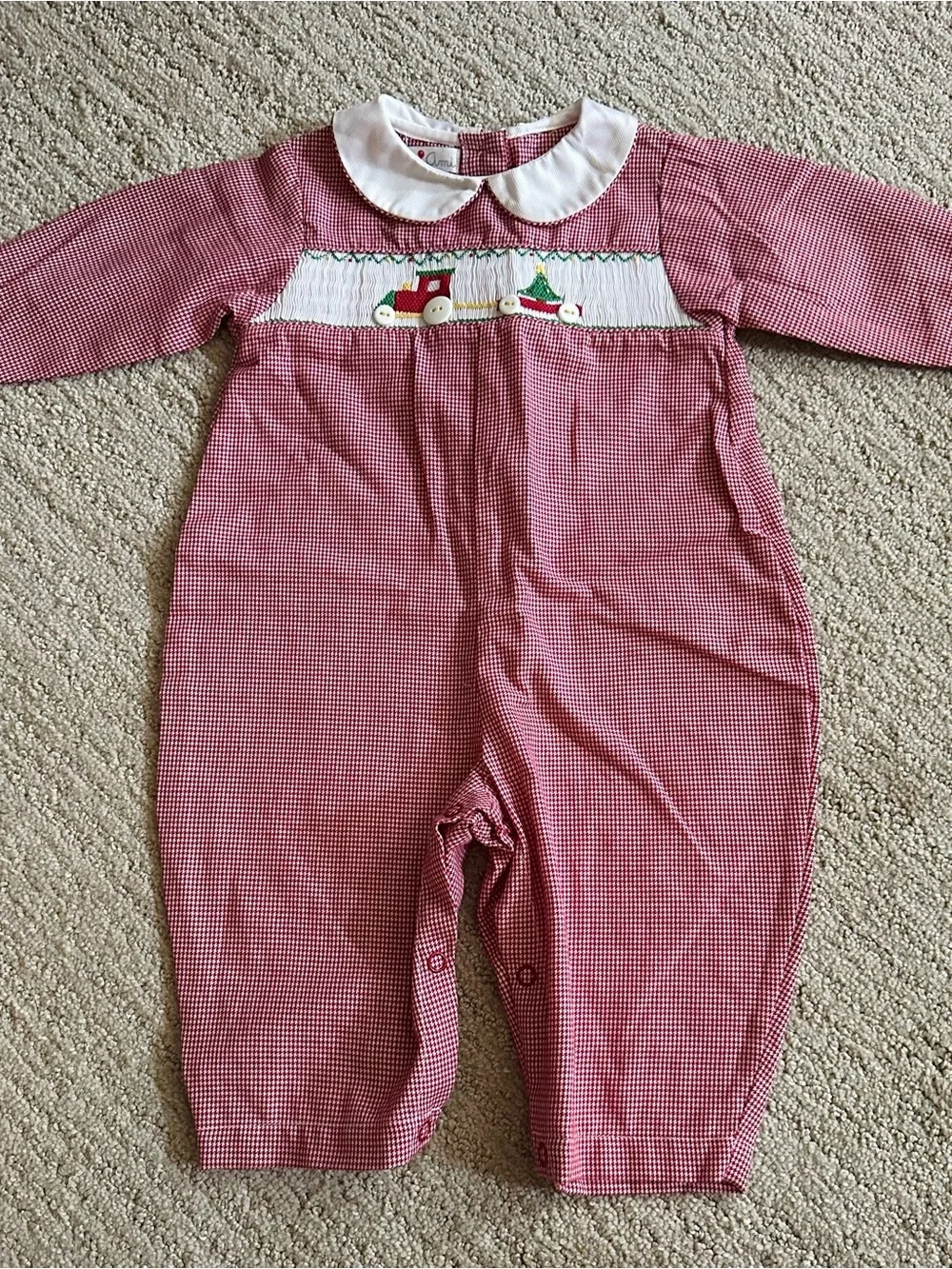 Petit Ami Red Gingham Holiday Smocked One-Piece with White Collar